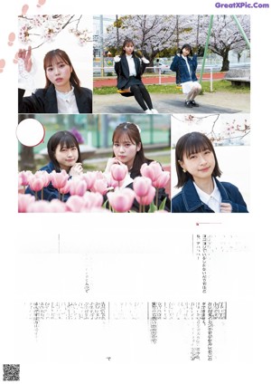 A magazine page with a bunch of pictures of girls in a park.