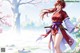 A woman in traditional attire holds a sword, standing amidst cherry blossoms and a cityscape.